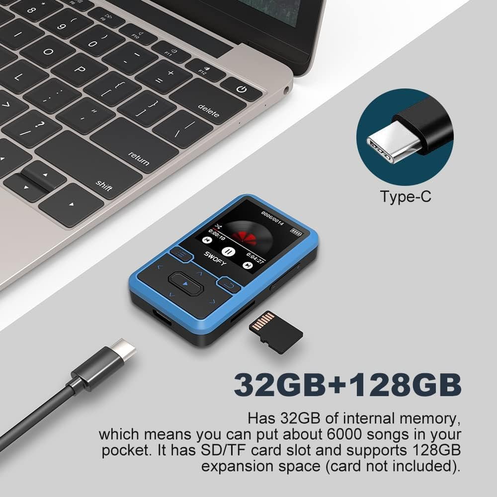 32GB MP3 Player with Bluetooth 5.0  Mini Clip Portable Wearable MP3 Player with FM Radio Recording  Children s Music mp3 Player  Mp3 Mp4 Player with Pedometer  Music Player Support up to 128GB(Blue)