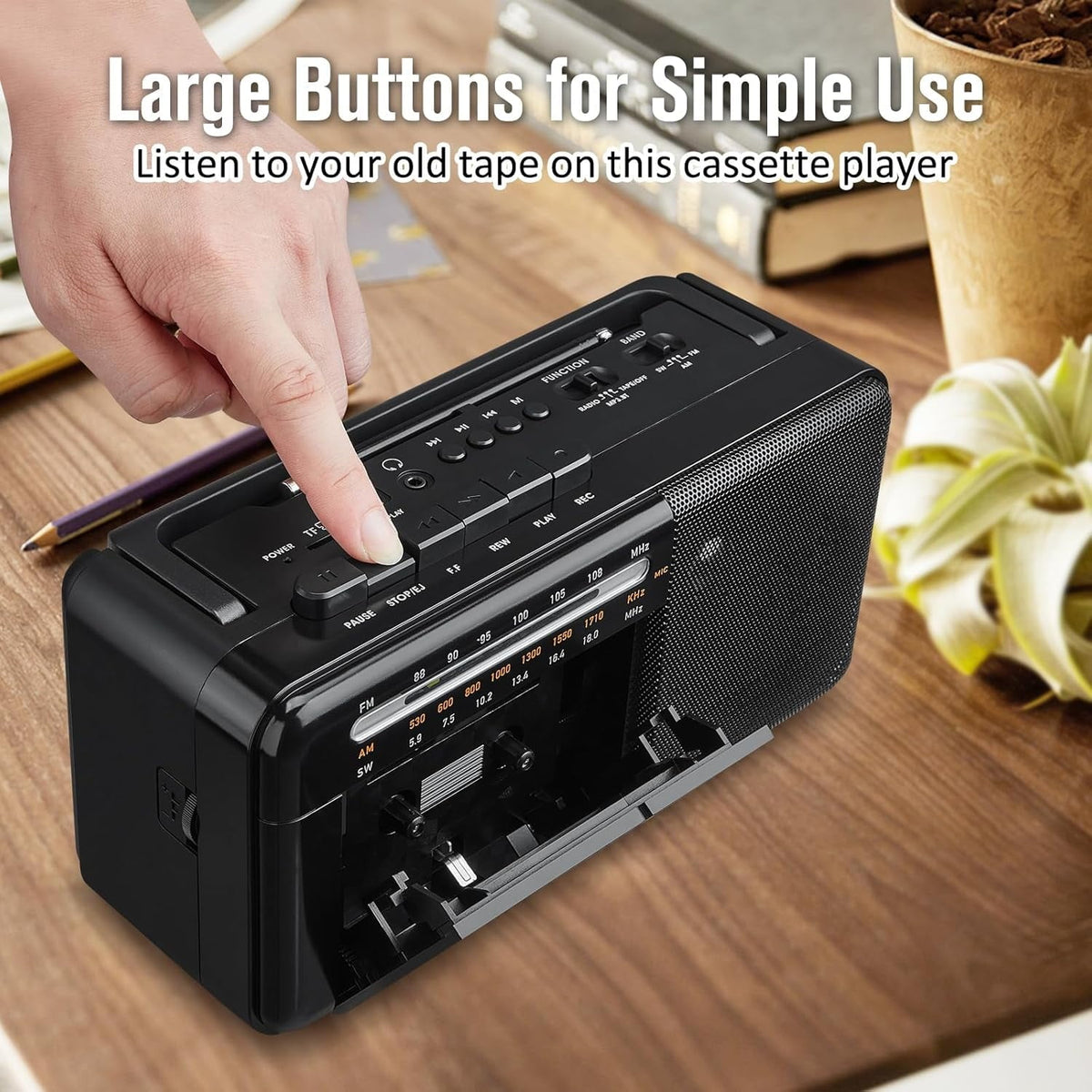 Cassette Tape Player Bluetooth Boombox  Cassette Player AM/FM/SW Radio Stereo  Tape Player/Recorder with Big Speaker and Earphone Jack  USB/TF Card Player  AC Powered or Battery Operated Black