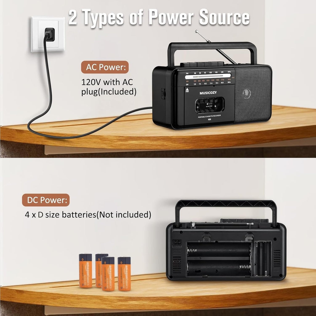 Cassette Tape Player Bluetooth Boombox  Cassette Player AM/FM/SW Radio Stereo  Tape Player/Recorder with Big Speaker and Earphone Jack  USB/TF Card Player  AC Powered or Battery Operated Black