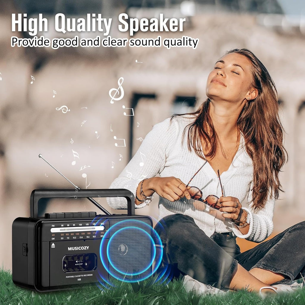 Cassette Tape Player Bluetooth Boombox  Cassette Player AM/FM/SW Radio Stereo  Tape Player/Recorder with Big Speaker and Earphone Jack  USB/TF Card Player  AC Powered or Battery Operated Black