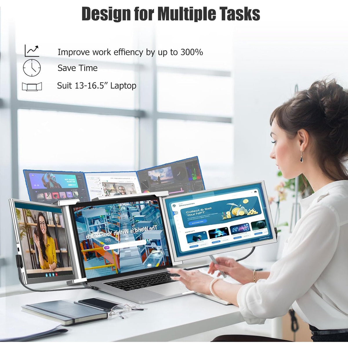 Laptop Screen Extender 14 Triple FHD 1080P Monitor for Laptop Extension-315°Rotate Portable Dual Monitor Screen for 13.3 -16.5  Screen Type-C/HDMI/USB-A Plug & Play for Wins/Mac/ Travel Gaming Work