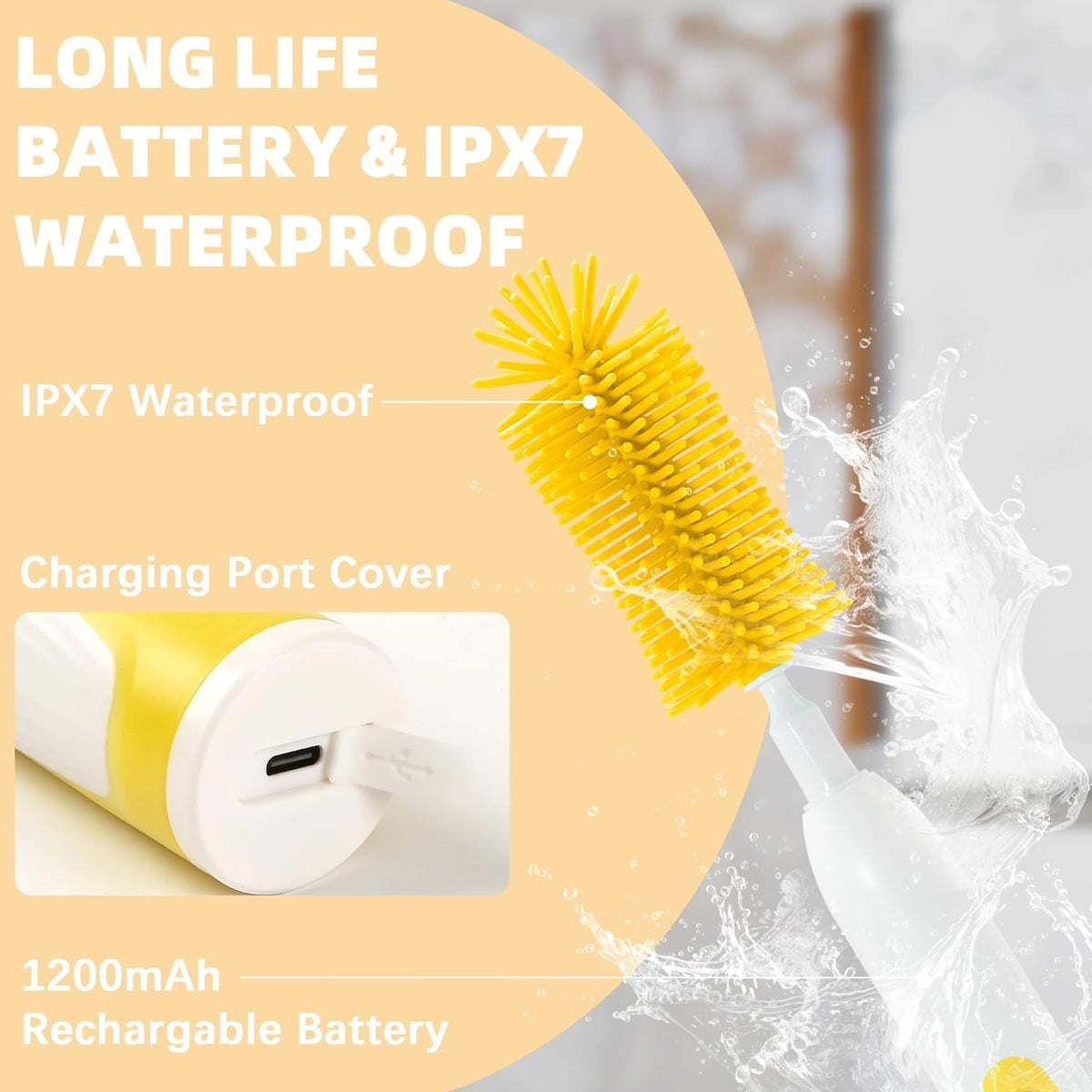 Electric Bottle Brush Cleaner  Portable Electric Baby Bottle Brush for Travel  Waterproof Electric Bottle Cleaner Set with Nipple & Straw Brush  Baby Bottle Brush Electric with Drying Rack  Yellow