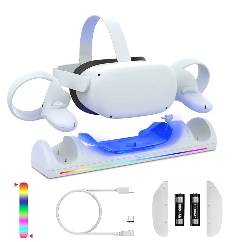 VR Charging Dock for Meta Quest 2 with RGB LED Light  Magnetic Charging Station for Oculus Quest 2 VR Headset and Touch Controllers  with 2 Rechargeable Batteries/Type-C Charger Cable