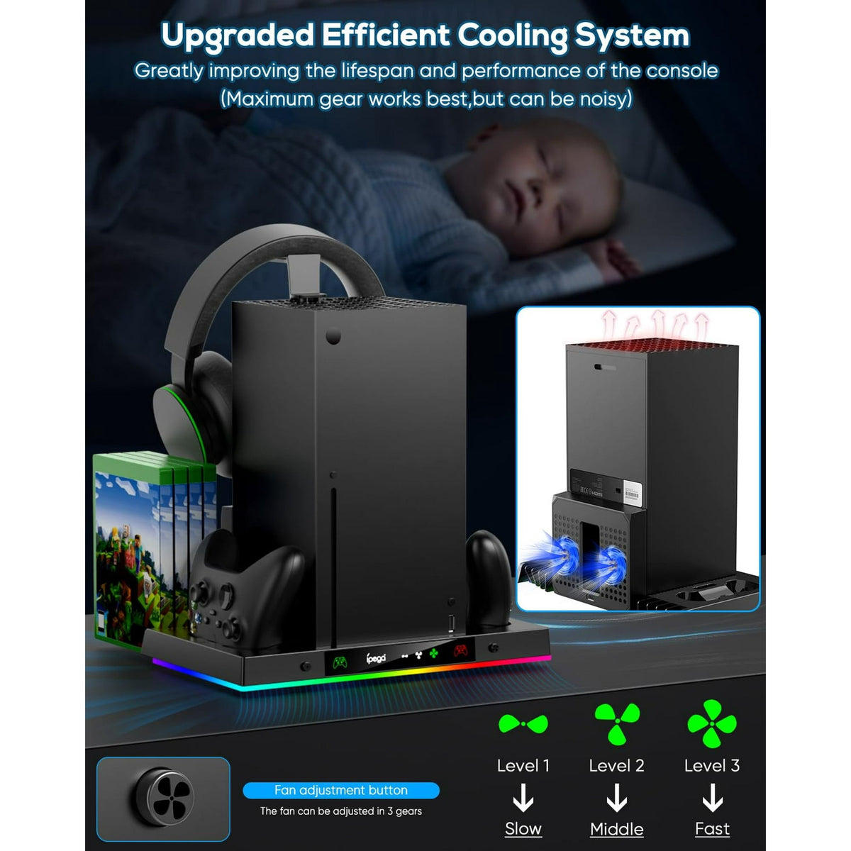 Upgraded RGB Cooling Fan Charging Station for Xbox Series X Console & Controller  Wireless Dual Charger Dock & Cooler System Stand with 15 Colorful Light Modes for Xbox Series X & Accessories Storage