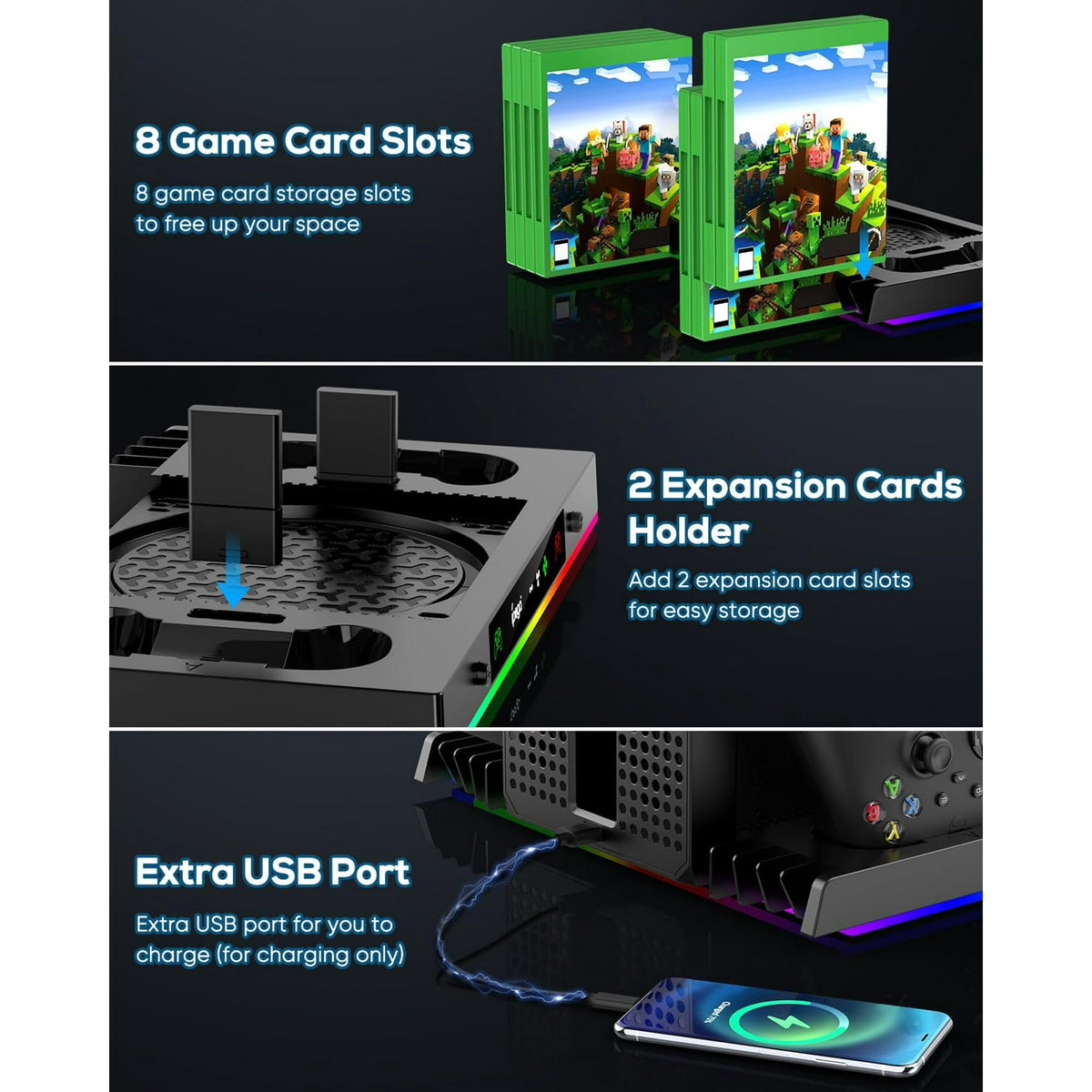Upgraded RGB Cooling Fan Charging Station for Xbox Series X Console & Controller  Wireless Dual Charger Dock & Cooler System Stand with 15 Colorful Light Modes for Xbox Series X & Accessories Storage