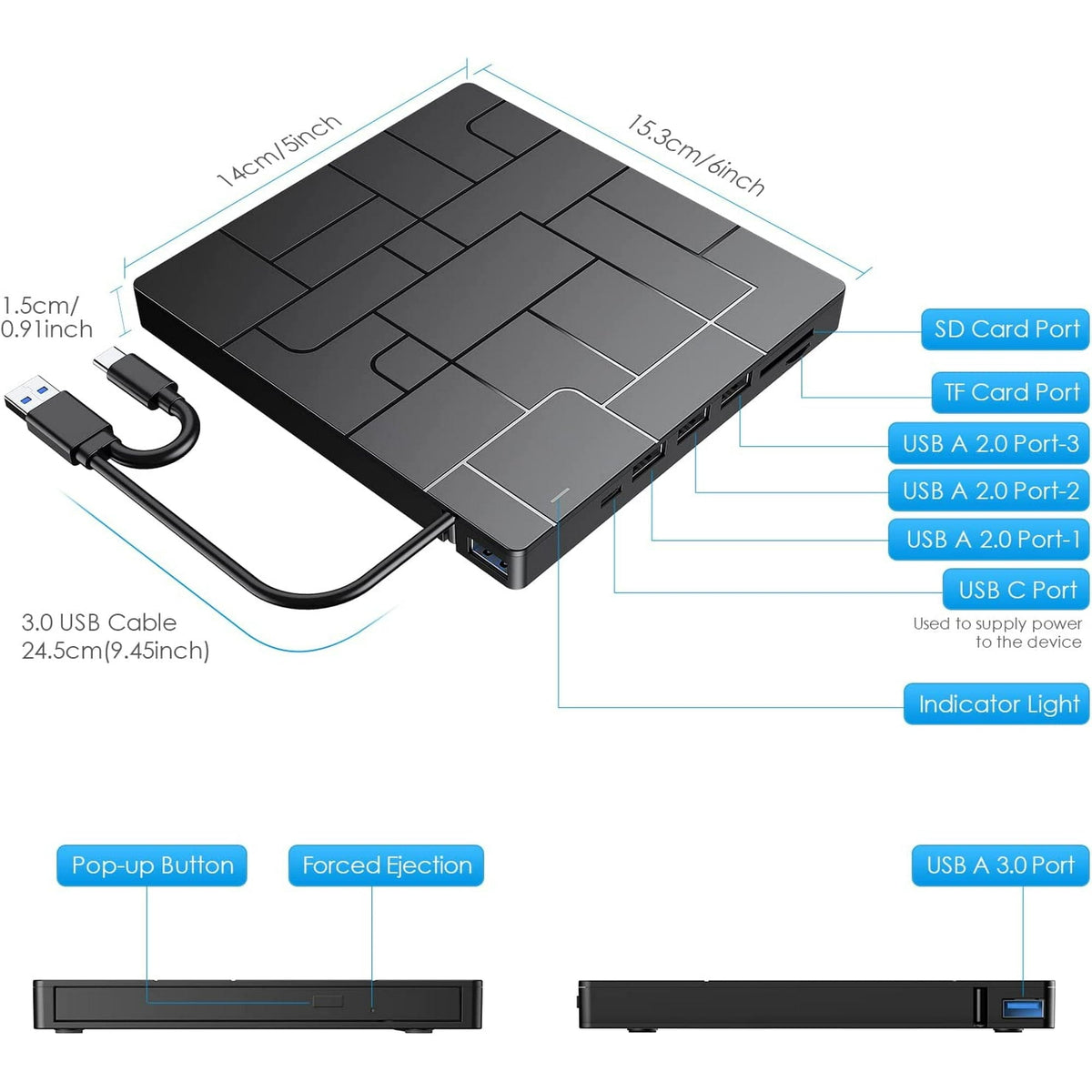 External CD/DVD Drive for Laptop Drive CD Burner USB 3.0 Type-C Portable CD/DVD Optical Disk Drive Reader Writer Burner Fit for Laptop Mac PC Windows Linux