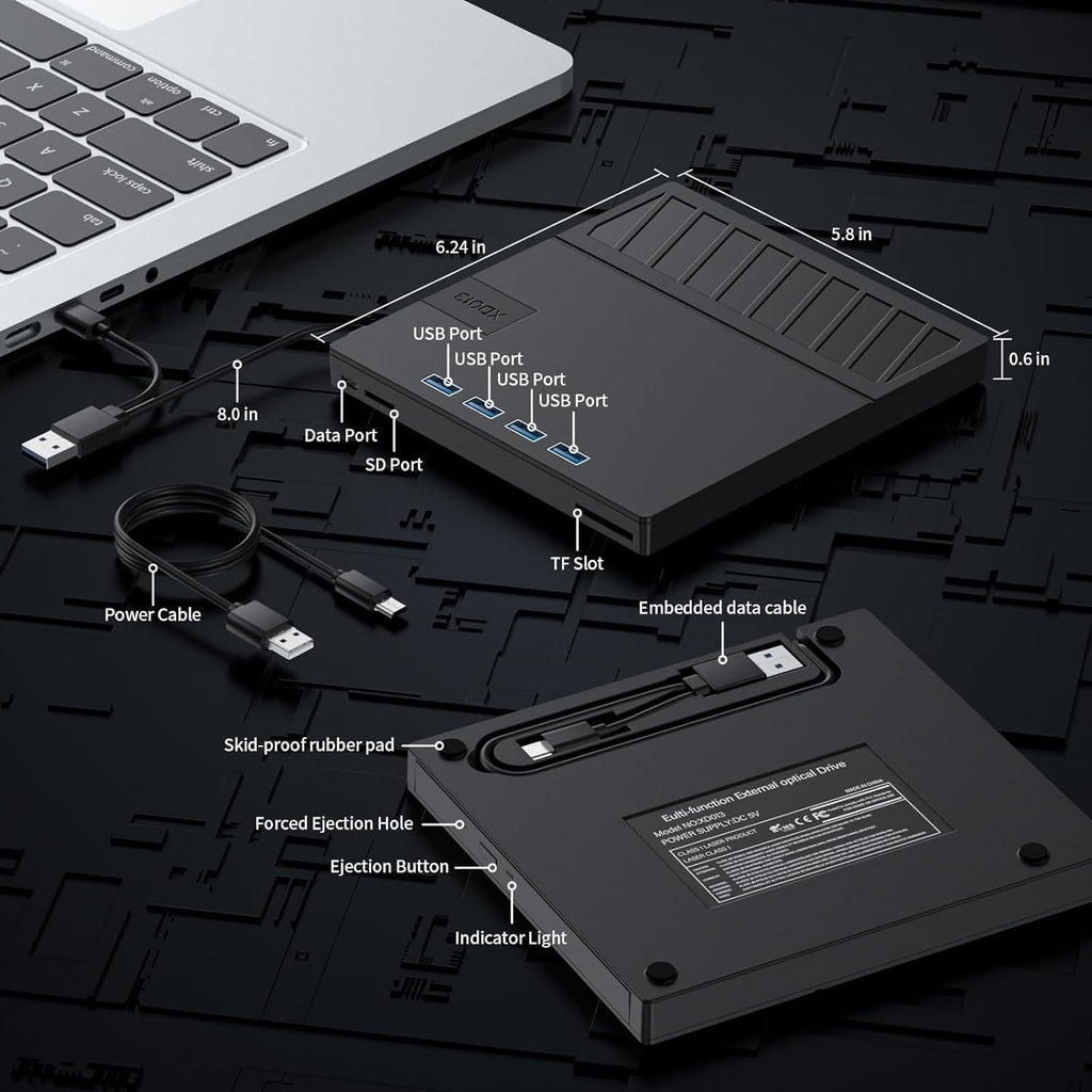 Foreyou External CD/DVD Drive for Laptop  7 in 1 USB Ultra-Slim Portable CD/DVD Player Burner