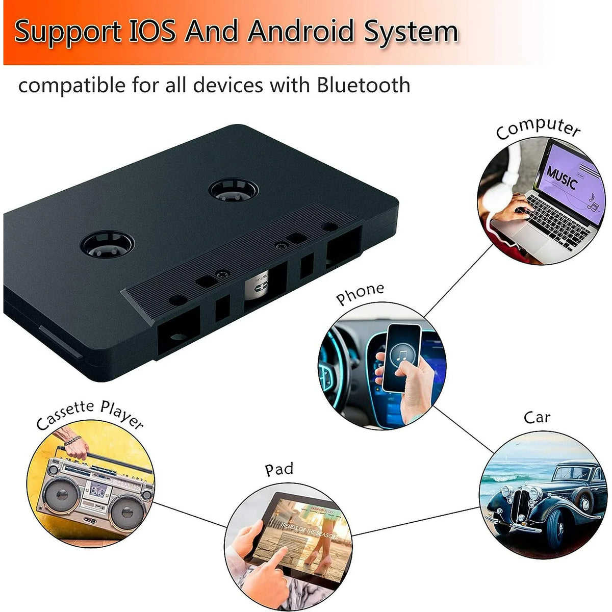 Wiher Car Audio Bluetooth Wireless Cassette Receiver  Tape Player Bluetooth 5.0 Cassette Aux Adapter Black