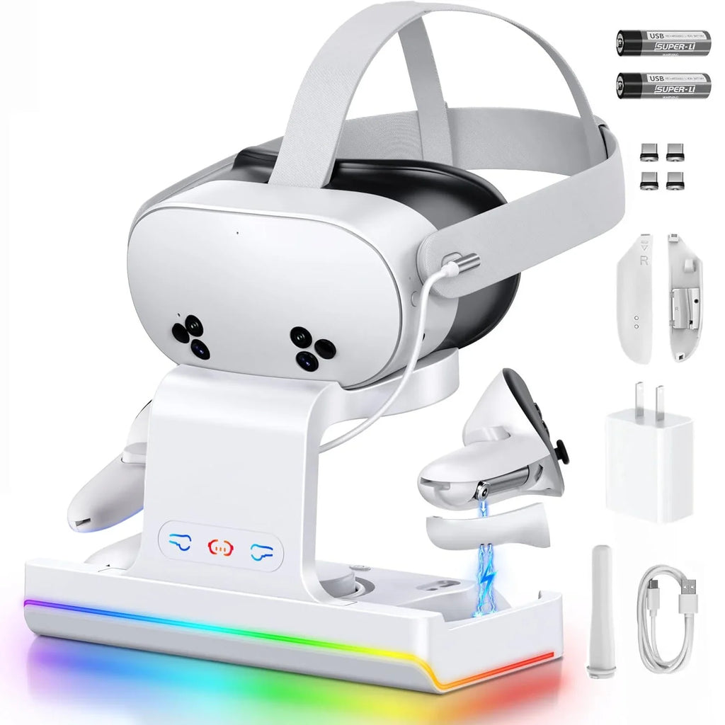 Charging Dock for Meta Quest 3S  VR Headset & Controllers Charging Stand with RGB LED Light  VR Accessories with 2 Rechargeable Batteries for Oculus Quest 3S  Fast Charging Station