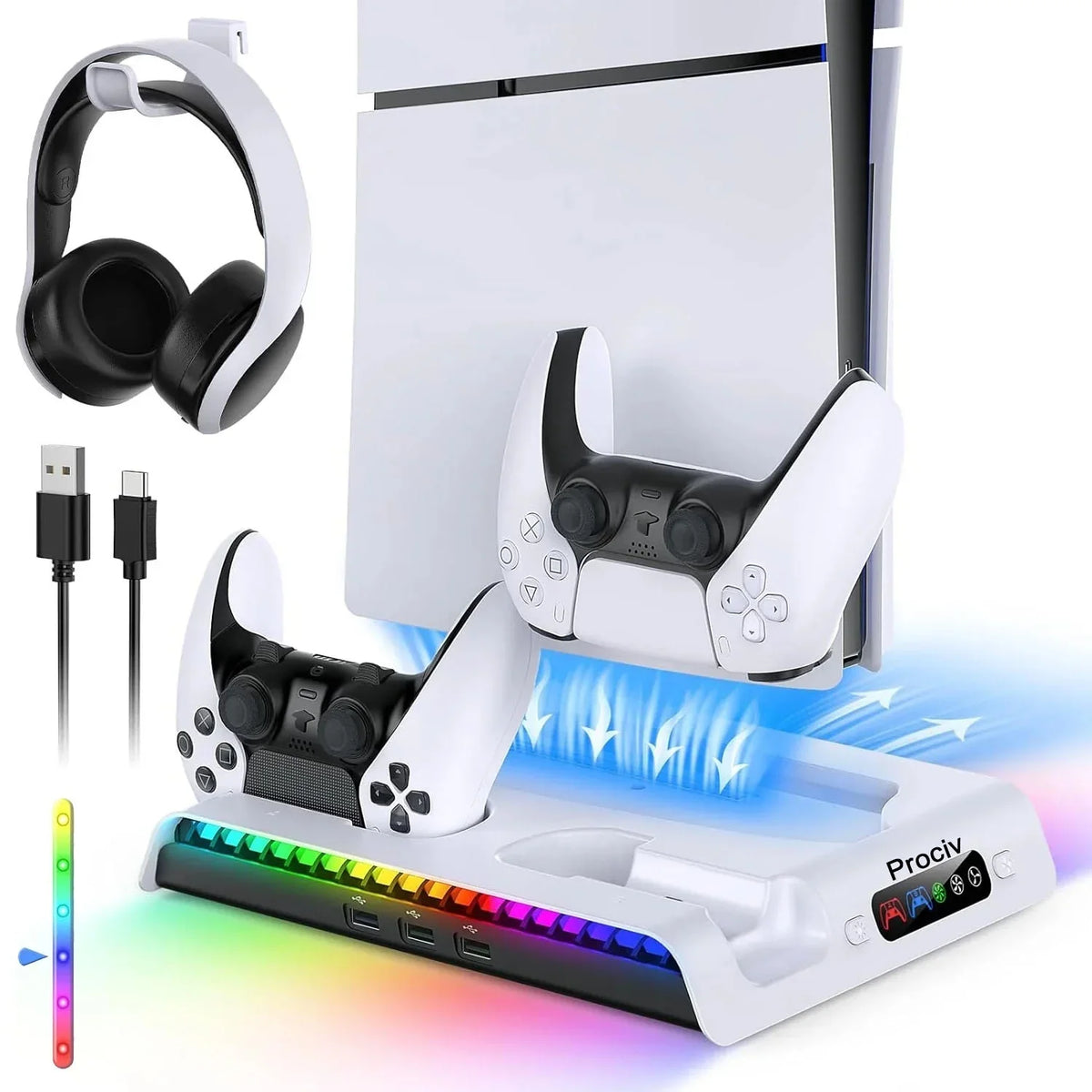 Prociv Charging Stand with Cooling Fan Only for PS5 Slim Console  Dual Controller Charger Station with 9 RGB Lights & Headset Hook & 3-Level Silent Fan  Cooler Accessories for PS5 Slim Digital/Disc