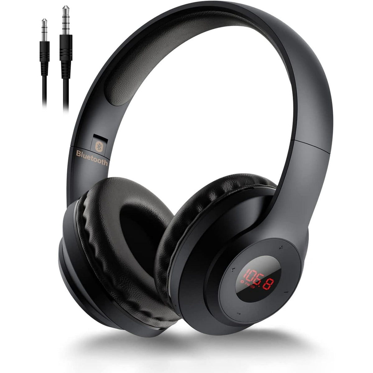 Wireless FM Radio Headphones with Bluetooth Built-in Microphone LED Display Rechargeable & Portable Headphones Soft Ear Muffs FM Headset Radio Receiver for Meeting Works Hiking Jogging