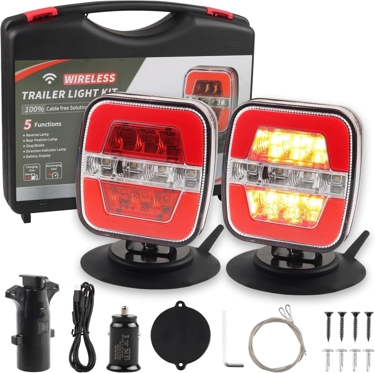 Wireless Trailer Lights-Magnetic Trailer Lights Adjustable Tow Light with Suction Cup Rechargeable Towing Tail Light Kit Brake Turn&Reverse Light Portable LED Towing Lights for Trucks Boat RV Camper