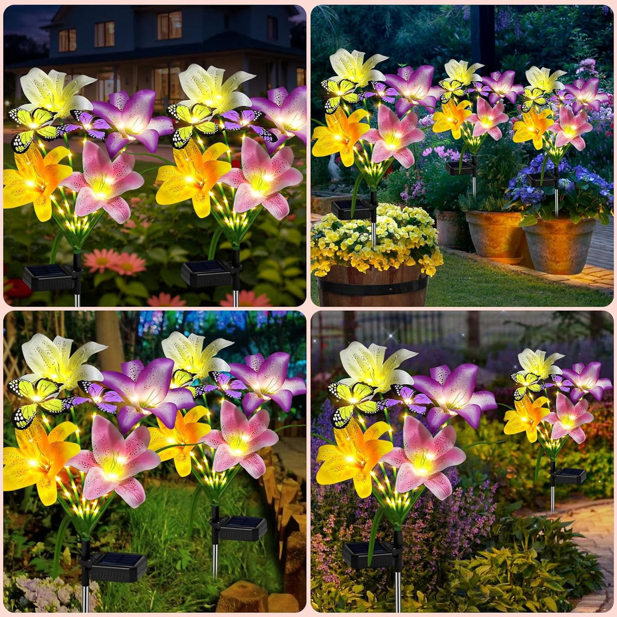 2 Pack Solar Garden Flower Lights Outdoor 8 Waterproof Solar Lilies with Butterflies Christmas Decorative Lights Outside Decor Stake Light for Landscape Yard Patio Lawn Gift for Women Mom Grandma