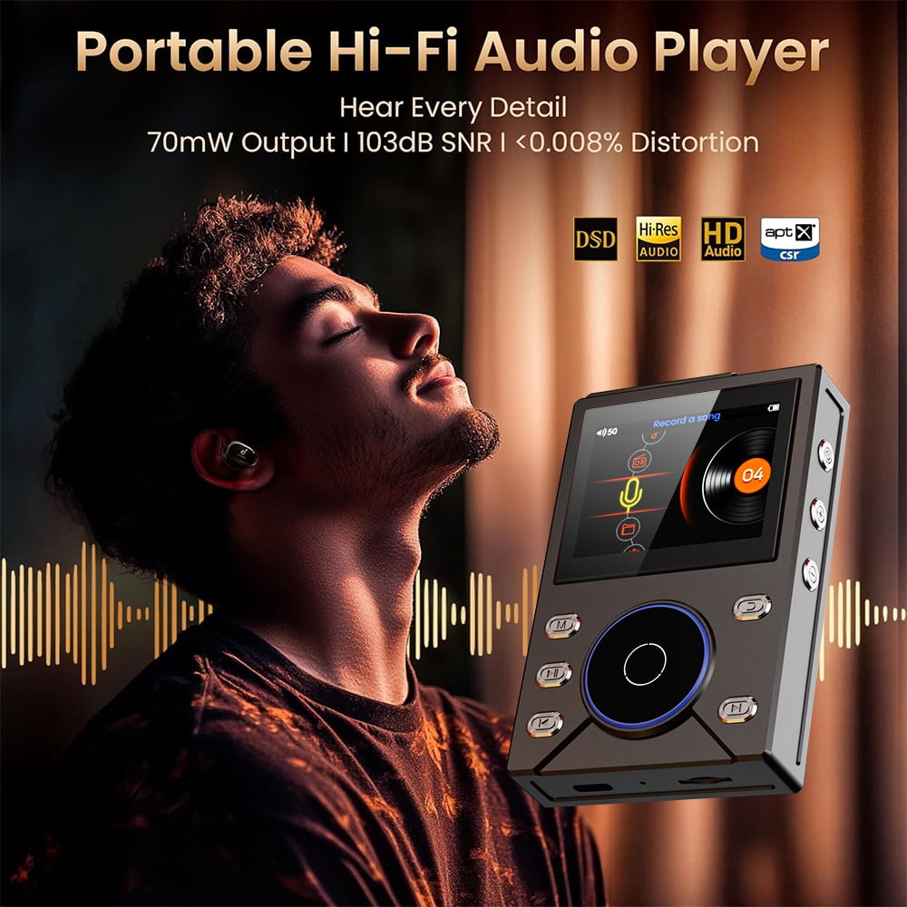 144GB HiFi MP3 Player with Bluetooth5.4 Lossless DSD High Resolution Digital Audio Music Player with FM Radio Recording Portable Audio Player with Built-in 16GB+128GB TF Card for Music Enthusiasts
