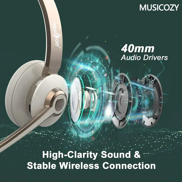 Bluetooth Headset with Microphone, Wireless Headphones with Noise Cancelling Mic, 26hrs talktime, On Ear Headphones with Mic Mute for Mac/Laptop/Zoom/Teams/Call Center/Office/Home Gold
