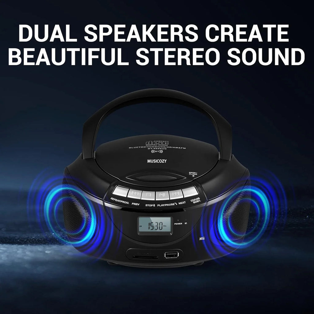 Portable CD Player Boombox with AM/FM Stereo Radio Bluetooth Speaker Players Support CD/USB/SD/BT/AUX Clear and Full Sound with Bass Boost LCD Display Headphone Jack AC/Battery Gift for Elderly