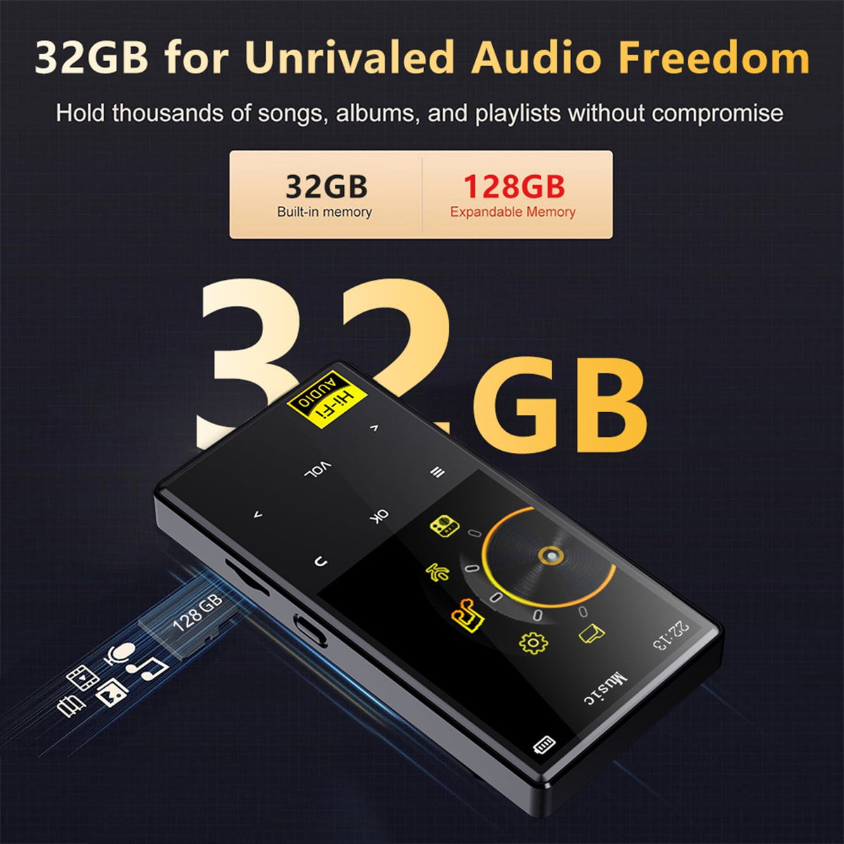 32GB MP3 Player with Bluetooth 5.4 Portable Lossless HiFi Sound Music Player with HD Speaker Digital Audio Player E-Book/Recorder/FM Radio Touch Buttons Support up to 128GB for Running Walking