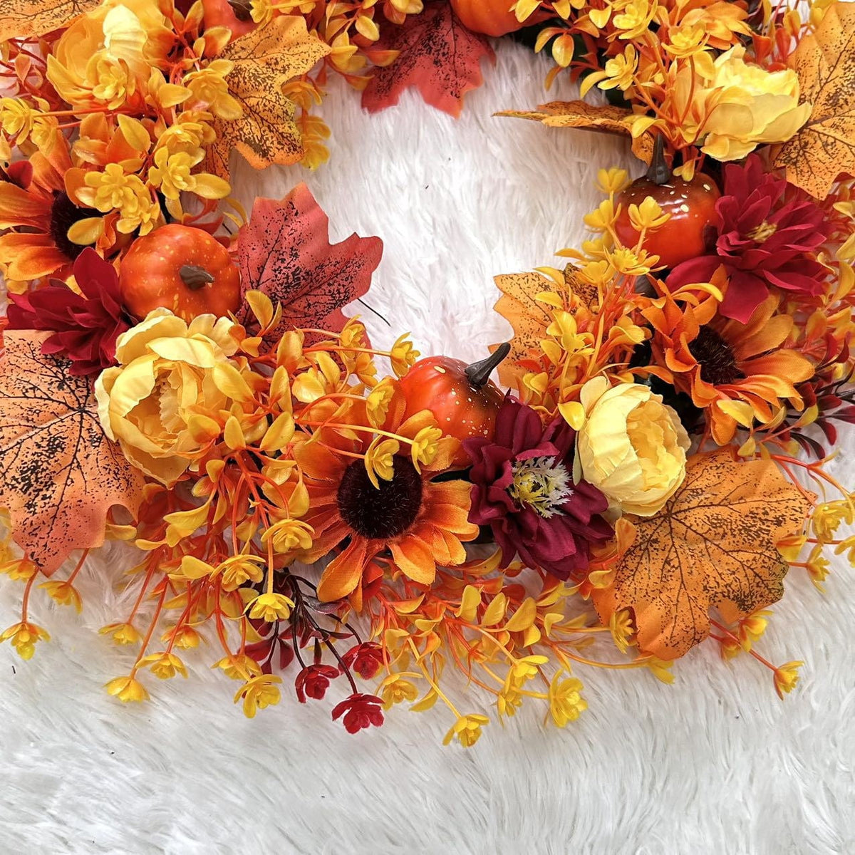 Fall Wreath Thanksgiving Decorations - 18inch Fall Wreath with Pumpkin Maple Leaf for Front Door - Autumn Wreath Artificial Wreaths with Flower for Thanksgiving Halloween Harvest Festival Home Decor