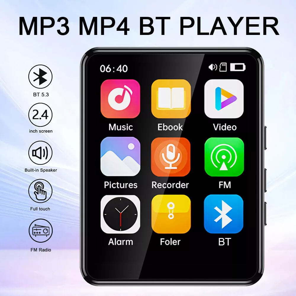 MP3 Player Bluetooth 5.3 64GB Mp3 Music Player with 2.4 Touch Screen Portable Digital Audio Player with HD Speaker FM Radio Sports Music Player Recording Support up 128GB Black