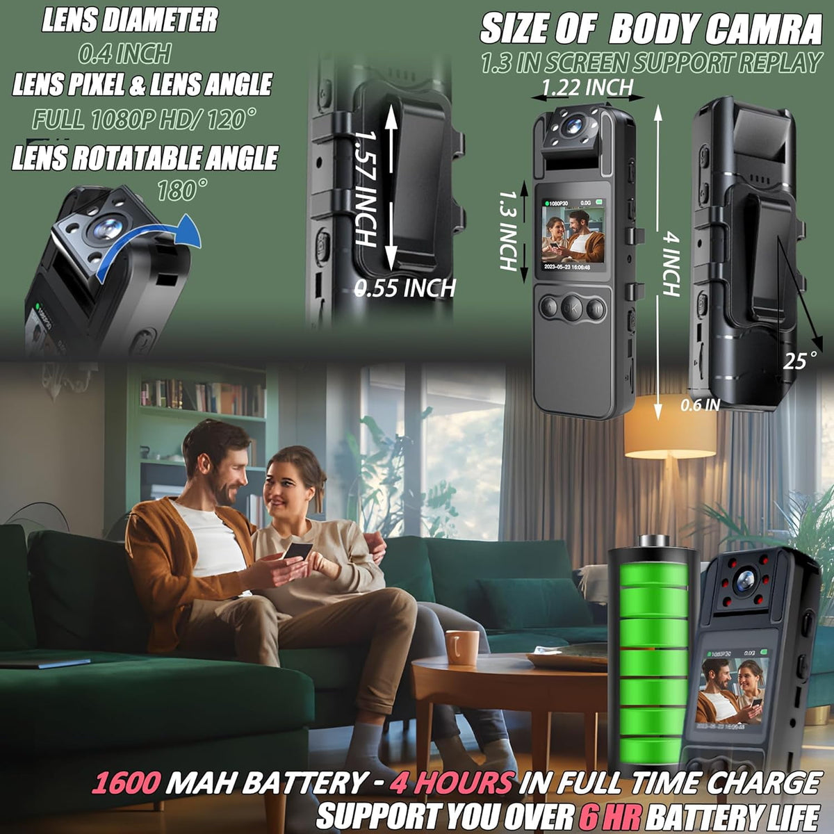 Body Camera with Audio and Video Recording HD 1080P Body Cam with 180° Rotating Lens 6HR Battery IR Cut Auto Night Vision 128GB Body Worn Camcorder for Personal Civilians Police Law Enforcement