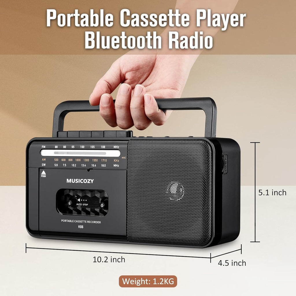 Cassette Tape Player Bluetooth Boombox Cassette Player AM/FM/SW Radio Stereo Tape Player/Recorder with Big Speaker and Earphone Jack USB/TF Card Player AC Powered or Battery Operated Black