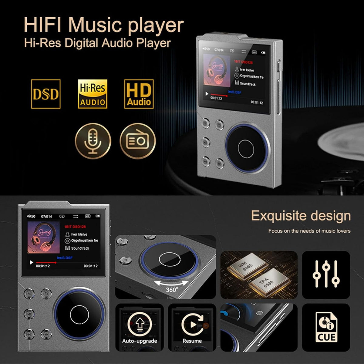 MUSICOZY 80GB MP3 Player with Bluetooth 5.3 Lossless DSD FLAC HD HiFi Portable Digital Music Player with FM Radio Recording 2.4in HD Screen Music Mp3 Player 10H Music Playback 128GB Support
