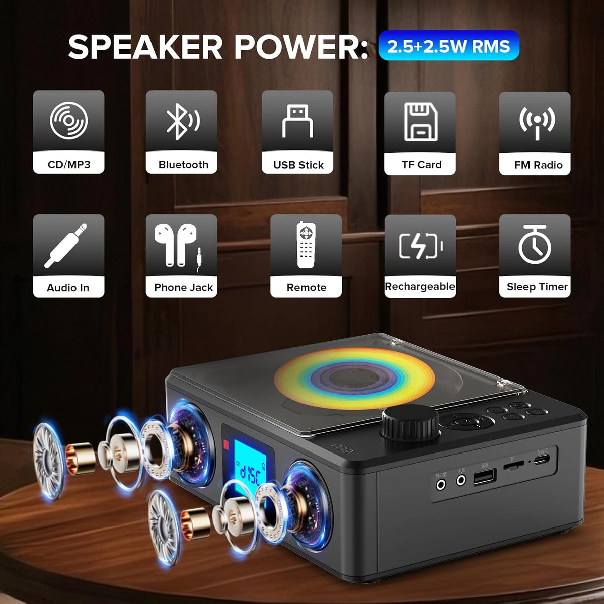 Portable CD Player Bluetooth with Speakers and Remote Rechargeable Desktop CD Radio with Sleep Timer-Retro Portable CD Players for Home/Outdoor - USB/TF/LCD Display/Earphone Jack-Music Lover/Gift