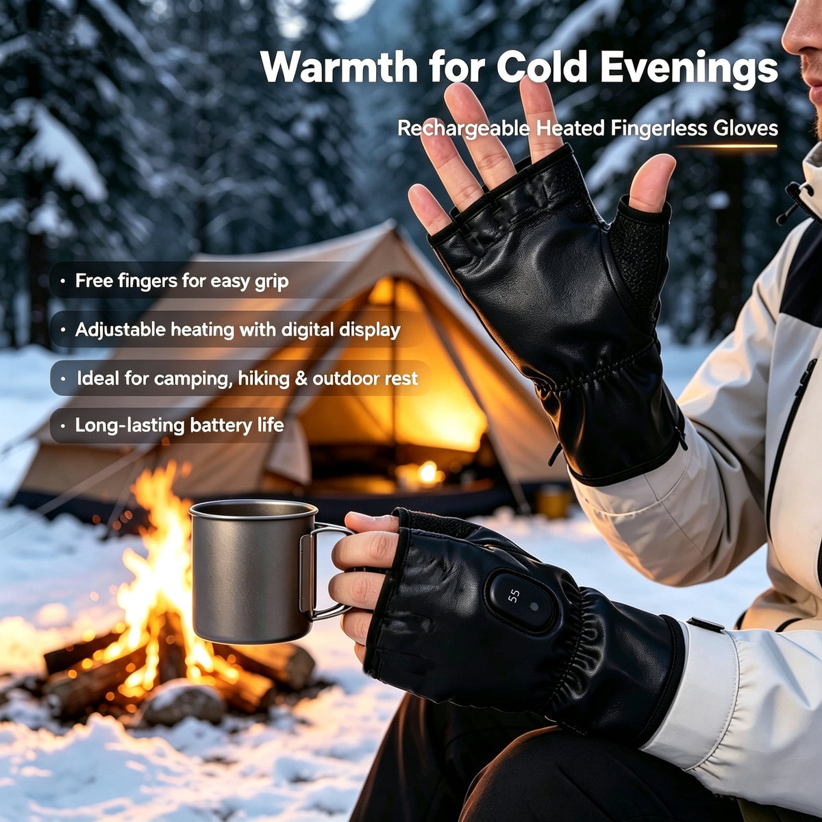 Heated Gloves Rechargeable-Smart Thermostatic Heated Fingerless Gloves Heat Up to 131℉ Portable Heating Glove with Digital Display 3 Temperature Settings for Hiking Skiing Cycling Gifts for Women Man