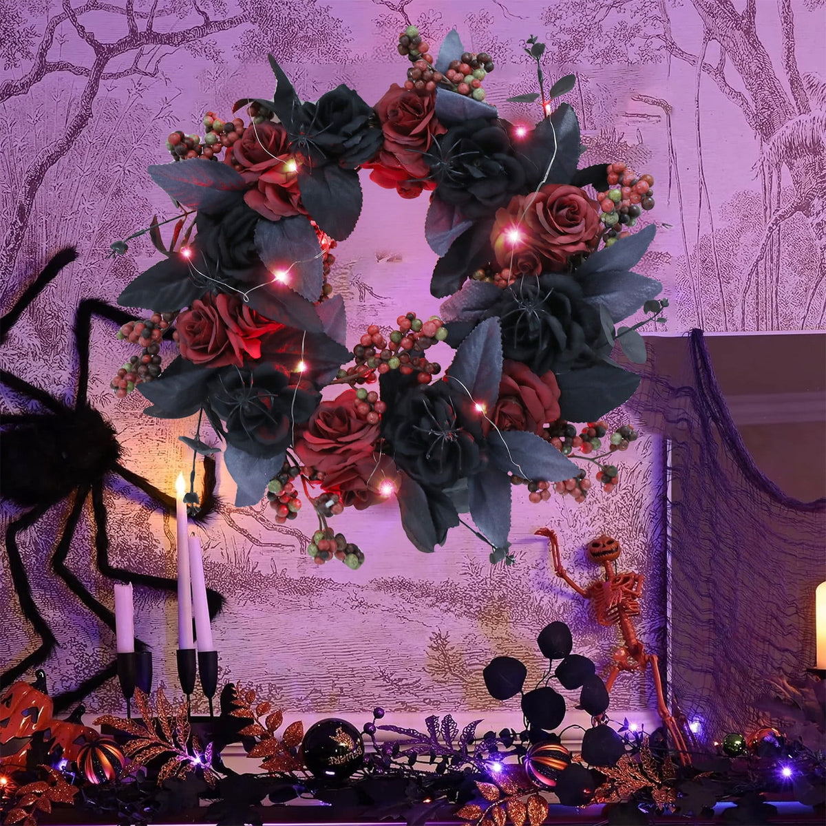 Halloween Decorative Wreath With Lights for Front Door Black Red Rose Wreaths 15 Berries Wreaths Decor with Black Leaves Garland Ornament for Wall Porch Window Indoor Outdoor Halloween Accessories