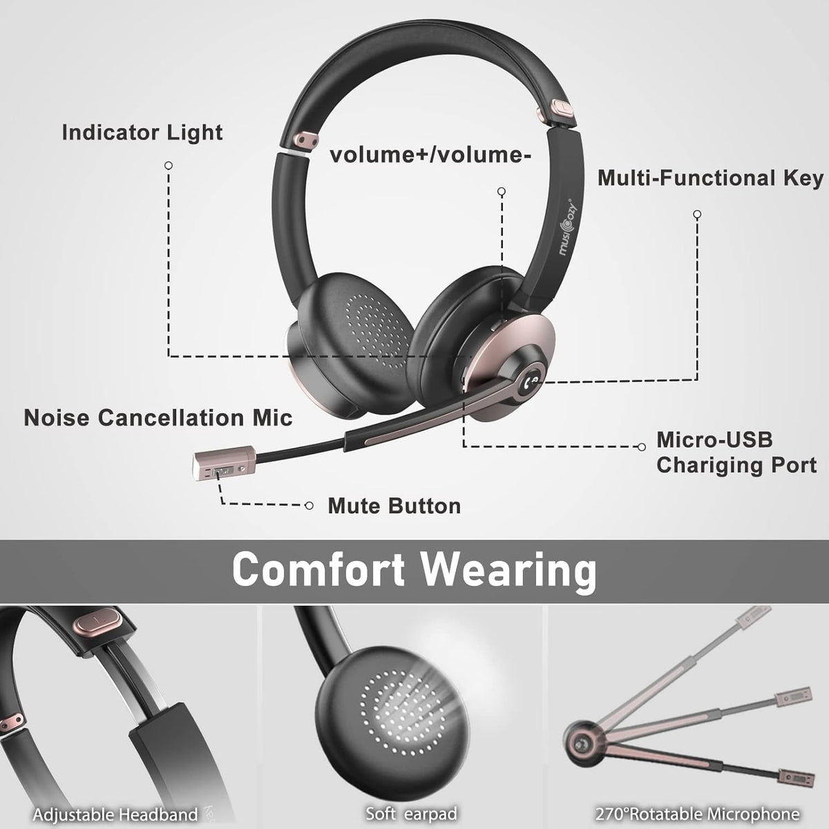 MUSICOZY Bluetooth Headset with Microphone Wireless Headphones with Noise Cancelling Mic 26hrs talktime On Ear Headphones with Mic Mute for Mac/Laptop/Zoom/Teams/Call Center/Office/Home Rose Gold
