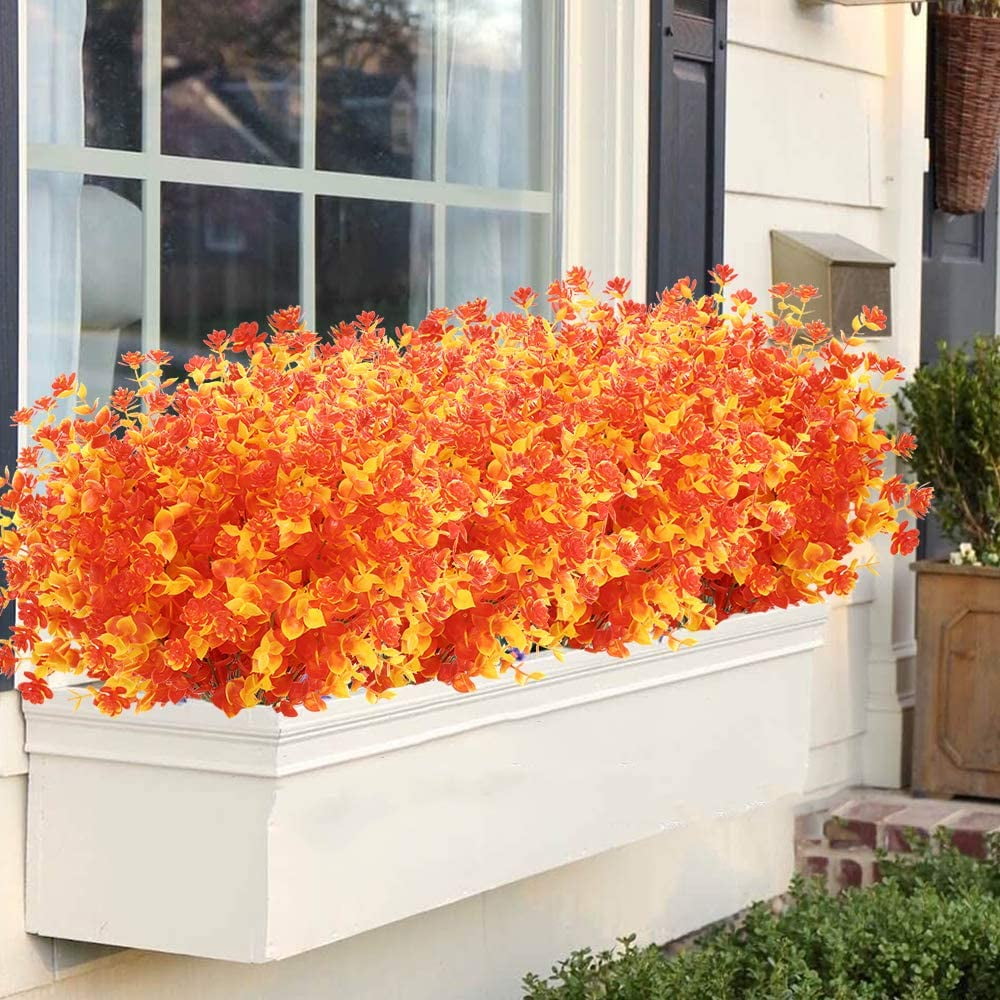 10 Bundles Artificial Fall Flowers Fake Outdoor UV Resistant Plastic Flowers Autumn Artificial Plants for Backyard Window Box Porch Patio Garden Home Christmas Festival Thanksgiving Autumns Decor