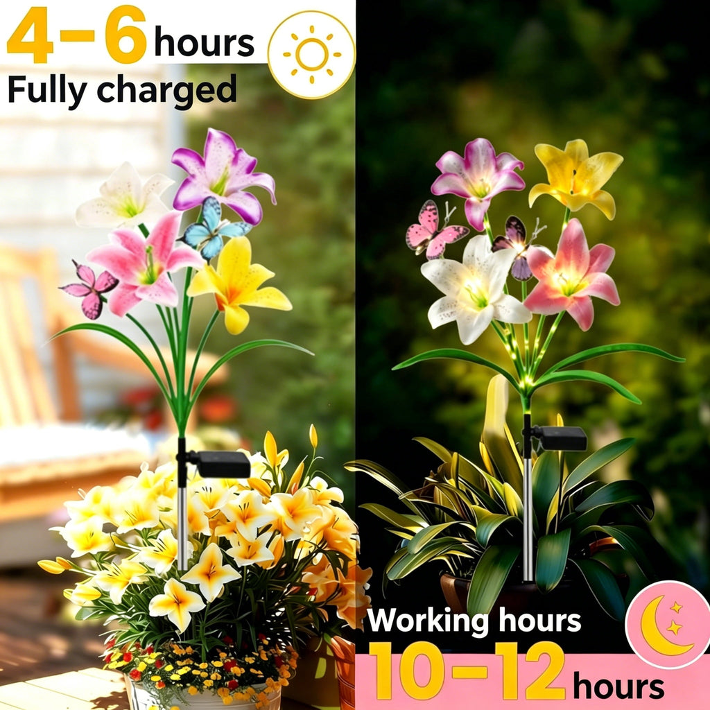 2 Pack Solar Garden Flower Lights Outdoor 8 Waterproof Solar Lilies with Butterflies Christmas Decorative Lights Outside Decor Stake Light for Landscape Yard Patio Lawn Gift for Women Mom Grandma