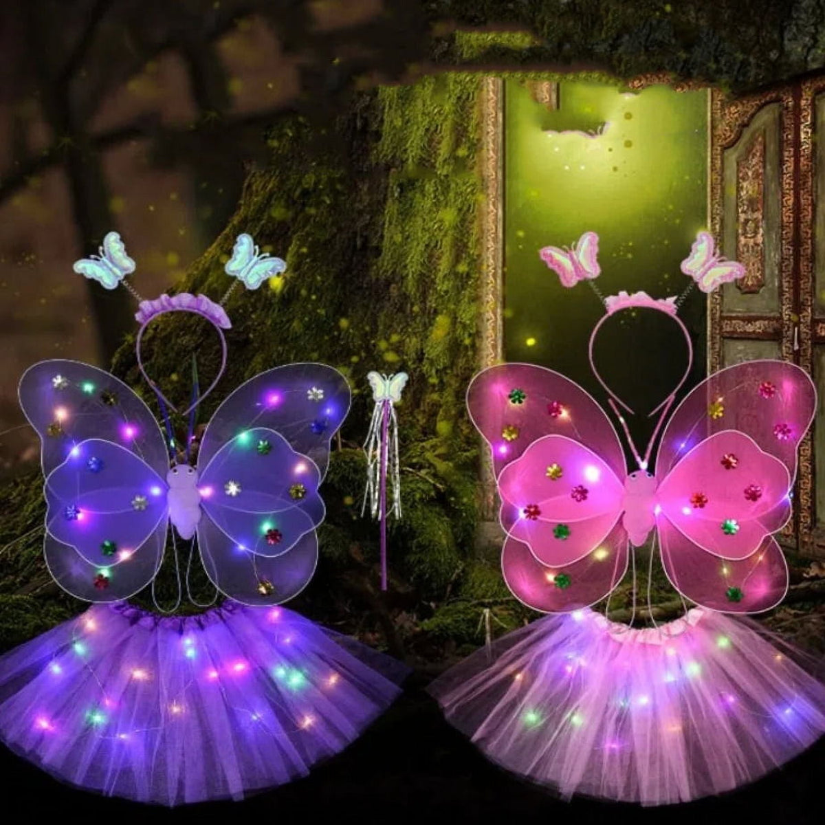 LED Children Costume Prop for Halloween Christmas Fairy Princess Kids Costume Sets Butterfly Wings Wand Headband Tutu Skirt New Year Gifts for 3 4 5 6 7 8 Years Old Girls Purple with Light