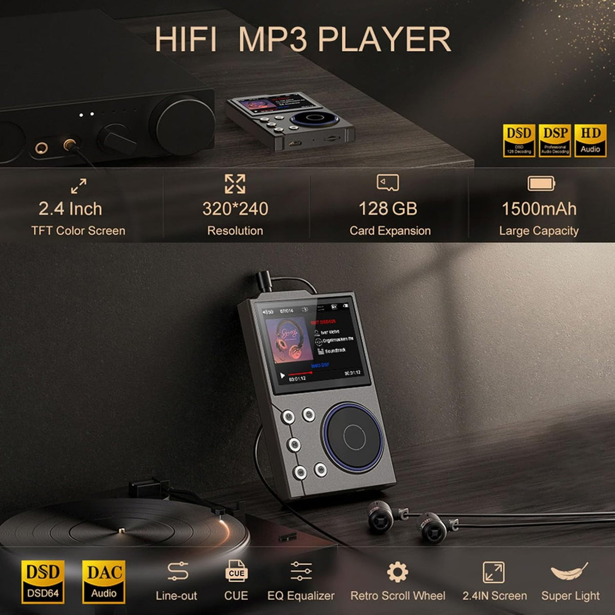 MUSICOZY 80GB MP3 Player with Bluetooth 5.3 Lossless DSD FLAC HD HiFi Portable Digital Music Player with FM Radio Recording 2.4in HD Screen Music Mp3 Player 10H Music Playback 128GB Support