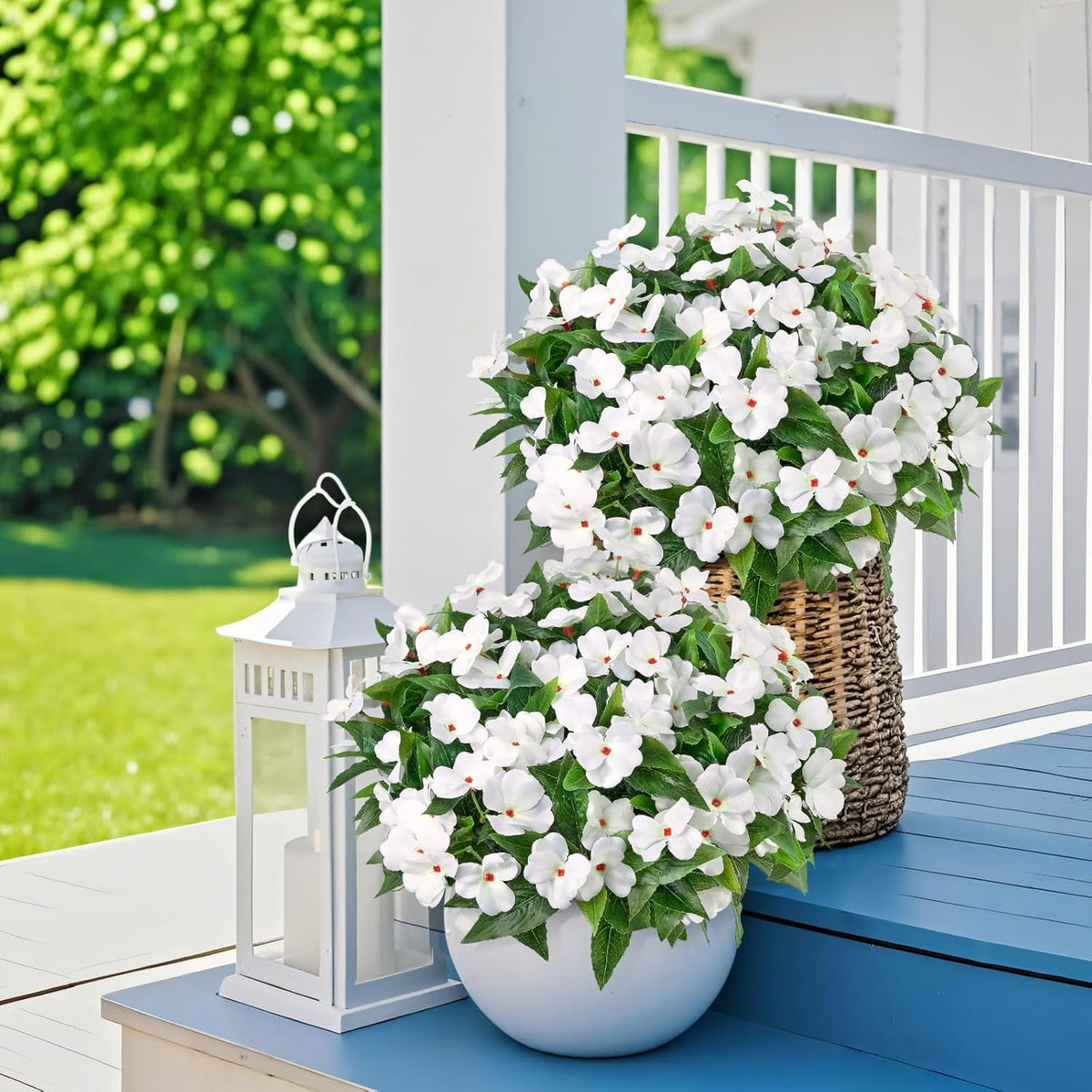 5 Pcs Artificial Flowers for Outdoors Silk Impatiens Flowers Bouquet Decorations Fake Faux Plants UV Resistant for Spring Summer Garden Porch Patio Window Box Balcony Planters Home Decor White