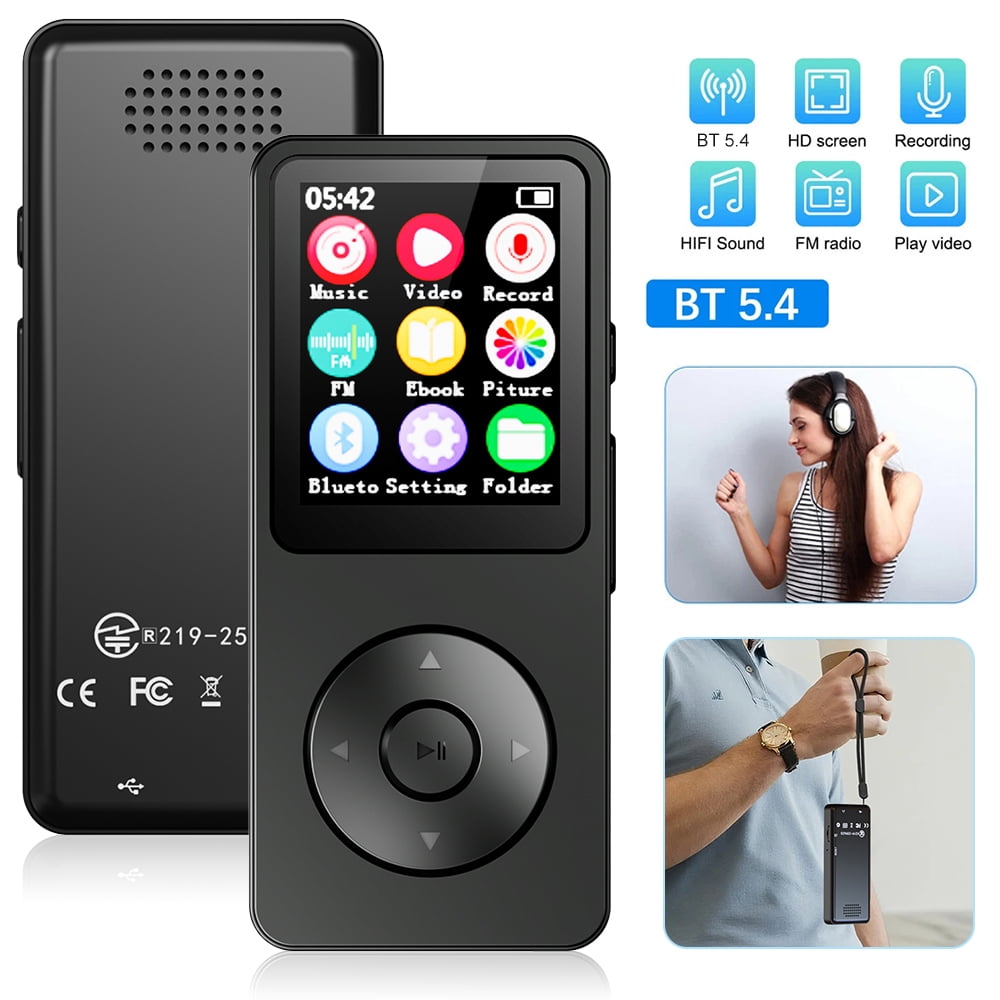 Upgrade MP3 Player with Bluetooth and 64GB Hi-Fi Music Player with Built-in Speaker Earphones Voice-Activated Recording MP3 Players with FM/E-Book/Video Supports up to 128GB for Kids Running Walking