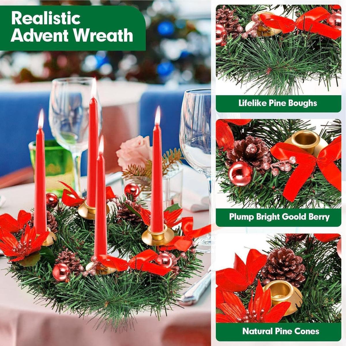 Christmas Advent Wreath Candle Holder Christmas Wreath Decorations 4 Candle Rings Wreaths Xmas Flame Retardant Candle Holder Holiday Wreaths for Home Church Christmas Wedding Table Dinner Party Decor