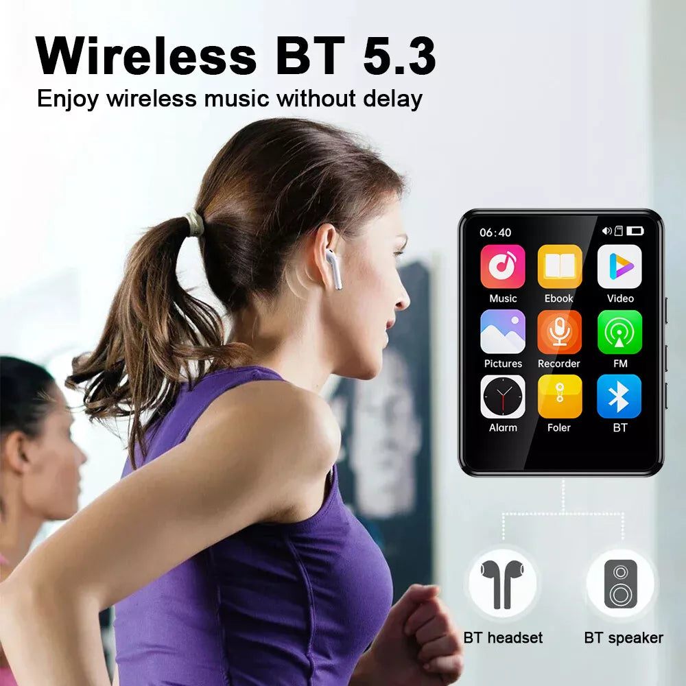 MP3 Player Bluetooth 5.3 64GB Mp3 Music Player with 2.4 Touch Screen Portable Digital Audio Player with HD Speaker FM Radio Sports Music Player Recording Support up 128GB Black