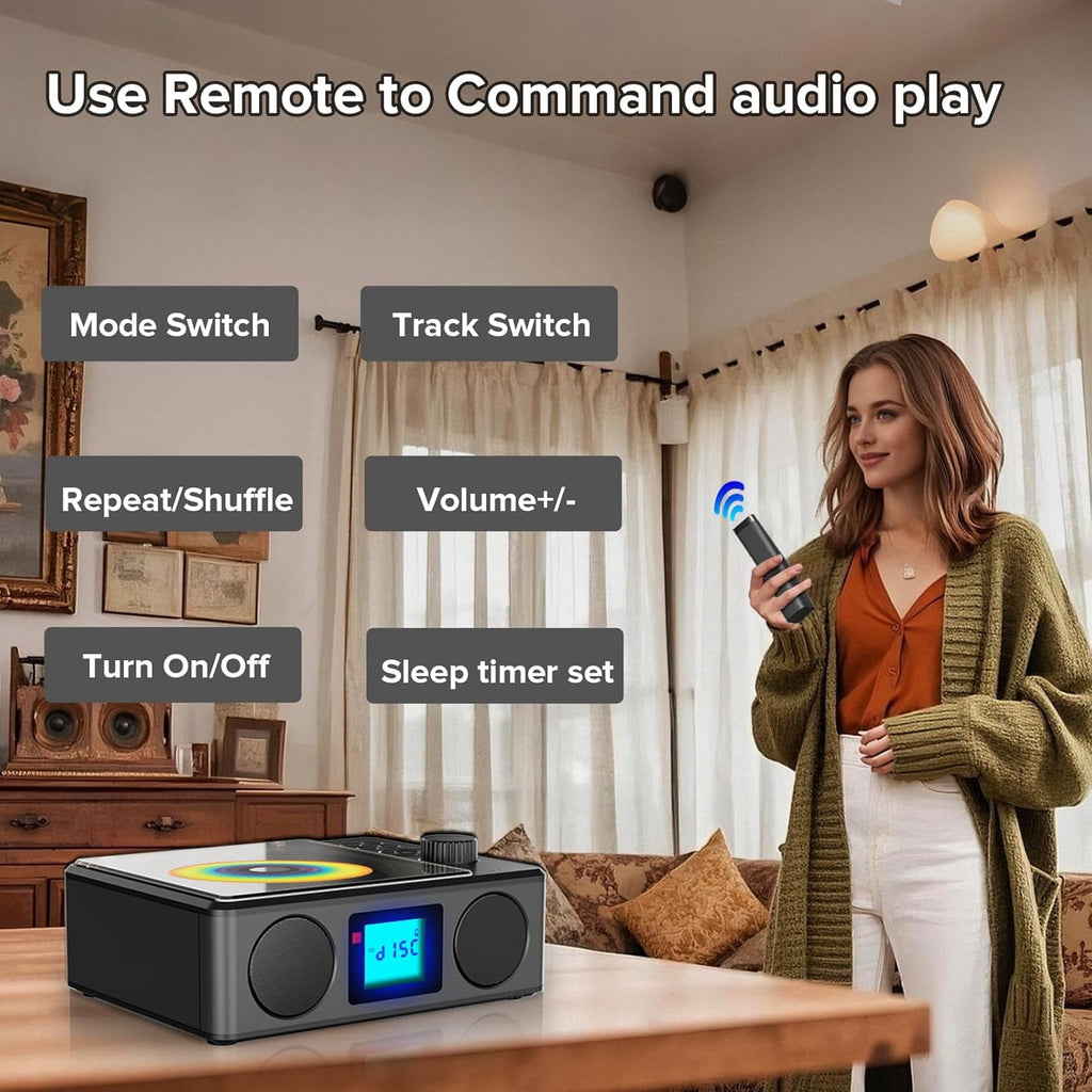 Portable CD Player Bluetooth with Speakers and Remote Rechargeable Desktop CD Radio with Sleep Timer-Retro Portable CD Players for Home/Outdoor - USB/TF/LCD Display/Earphone Jack-Music Lover/Gift