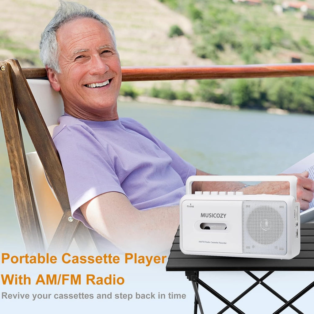 Portable Cassette Player with AM/FM Radio Bluetooth Casette Tape Player Recorder with Headphone Jack Cassette Boombox for Home and Travel Elderly Gift Audio to Cassette Converter AC/Battery Power