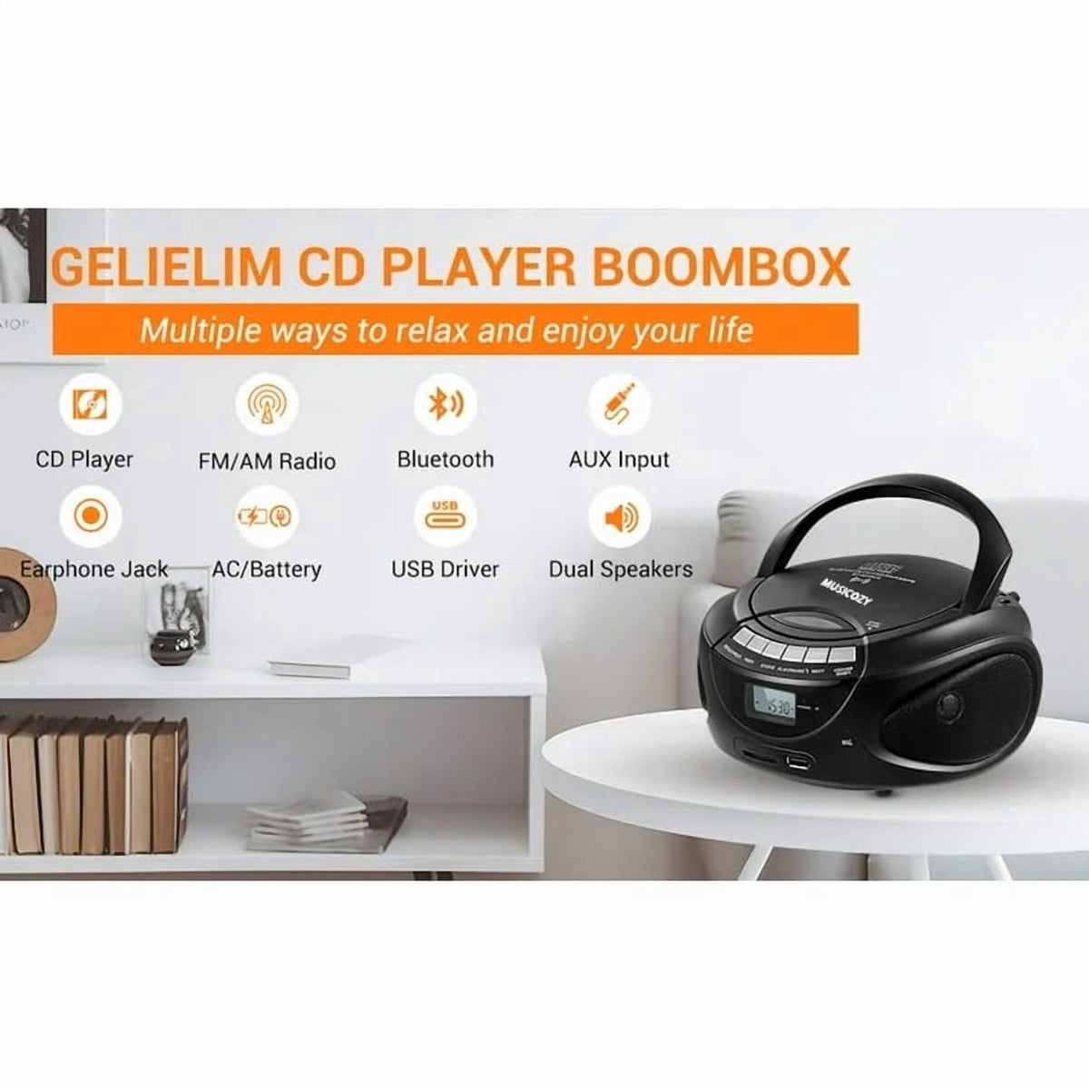 Portable CD Player Boombox with AM/FM Stereo Radio Bluetooth Speaker Players Support CD/USB/SD/BT/AUX Clear and Full Sound with Bass Boost LCD Display Headphone Jack AC/Battery Gift for Elderly