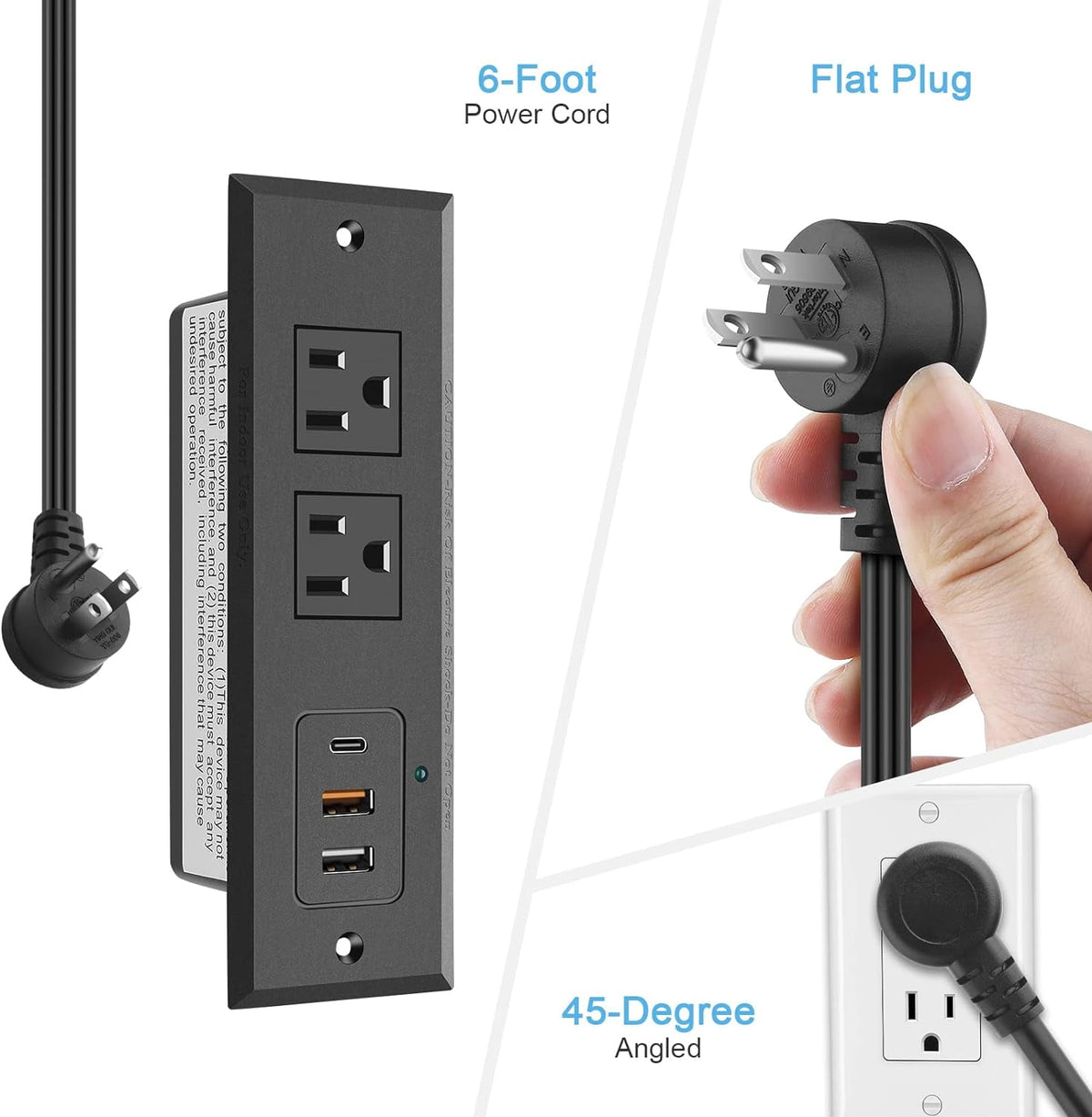 Recessed Power Strip with 20W USB C Port Fast Charging USB A Port Desk Outlet Furniture Hidden Charging Station for Side Table End Table with 6FT 45 Degree Flat Plug Extension Cord Black